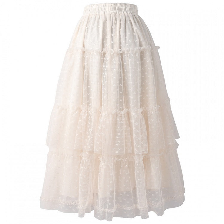 Apricot Elastic Waist Heart Pattern Mesh Tiered Skirt