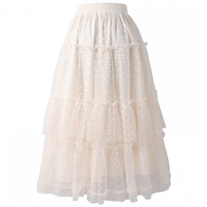 Apricot Elastic Waist Heart Pattern Mesh Tiered Skirt