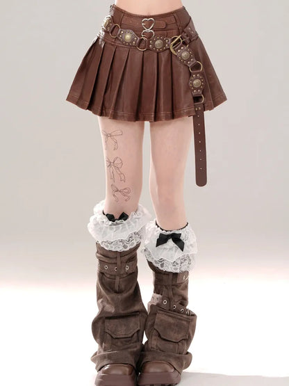 Buckle Pleated Straps Skirt Black/Brown