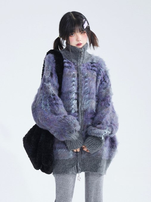 with Knit Sweater Loose Lockstitch Cuffs Gray Mohair Purple Ribbed Striped Detailing