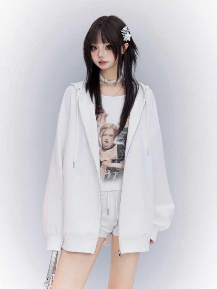 Sports Hoodie White Zip Closure Loose
