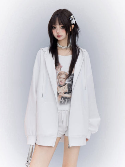 Sports Hoodie White Zip Closure Loose