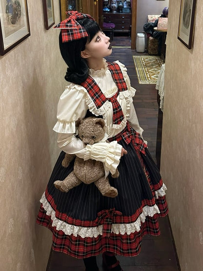 Robe à carreaux rouges et rayures noires, col amovible et jupe pull Lolita à nouer