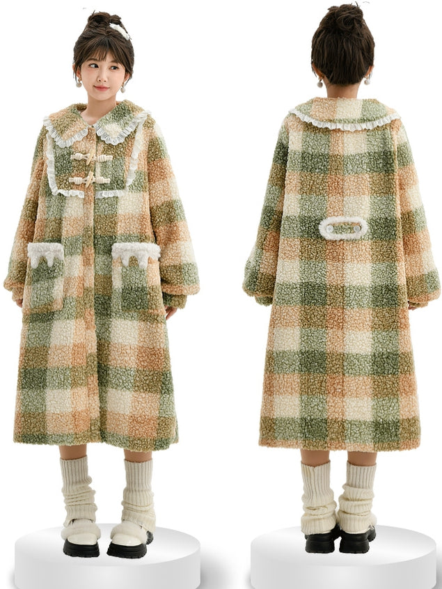 Green Polo Collar Lace Trim Plaid Fleece Coat