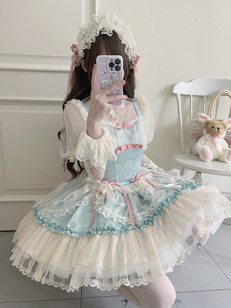 Short Small Fabric Balletcore Skirt Green Bows Lolita Jumper Dress