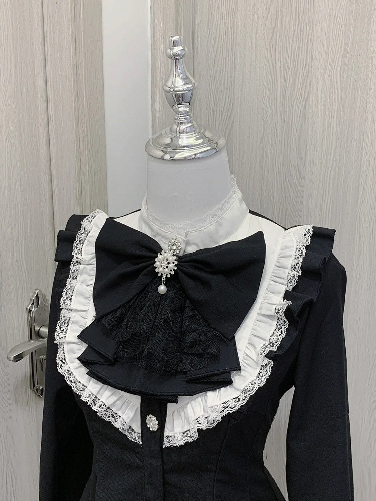 Big Jirai Kei Schwarz Abnehmbare Set Lange Bogen Kleid + Shorts Jabot Kragen und Ärmel Mini