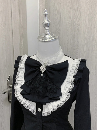 Big Jirai Kei Schwarz Abnehmbare Set Lange Bogen Kleid + Shorts Jabot Kragen und Ärmel Mini
