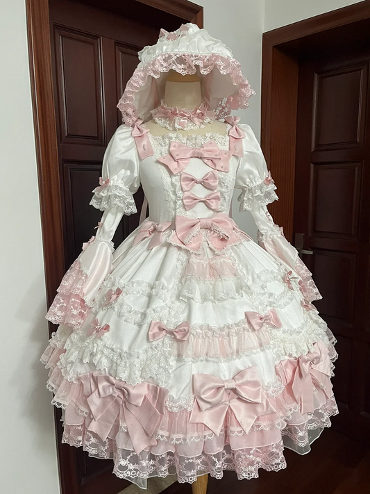 Pink Detachable Accents White Princess Sleeves Sweet Waist High Lolita Bow with Dress Sakura