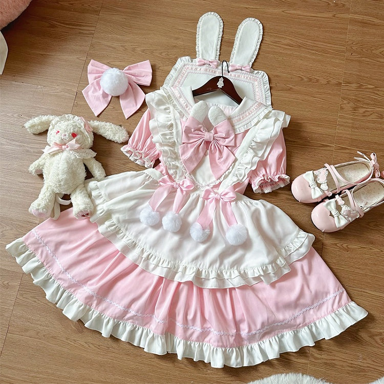 Ears Sleeves Short Sailor Apron Lolita Dress Pink Maid Bunny White with Collar