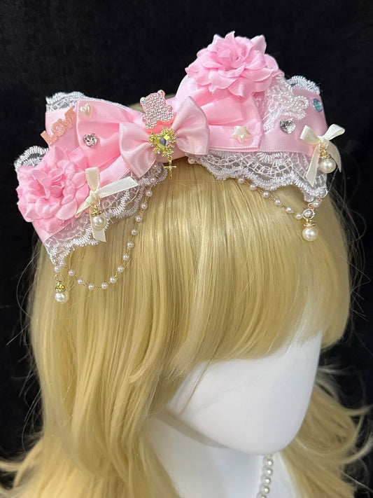 Charm Beaded Lace Trim Pink Decorated Rhinestone Design Floral Bowknot Hairclip Bear