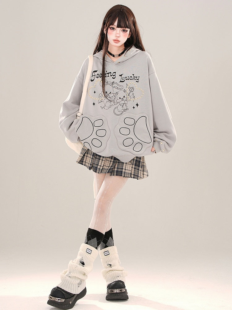 White/Grey Devil Bunnies Print Studs Loose Hoodie