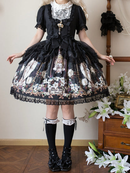 Robe noire à manches courtes style gothique lolita à imprimé poupée Lily et Puppet