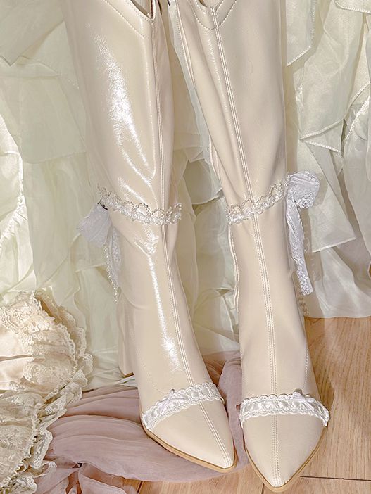 Beige Pointed Toe Laceand Beaded Chain Block Heel Knee-high Boots