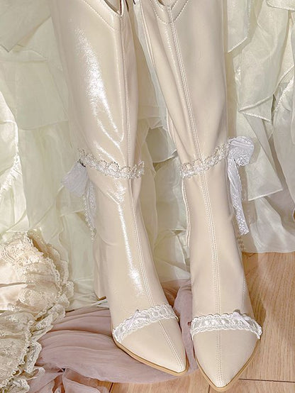 Beige Pointed Toe Laceand Beaded Chain Block Heel Knee-high Boots