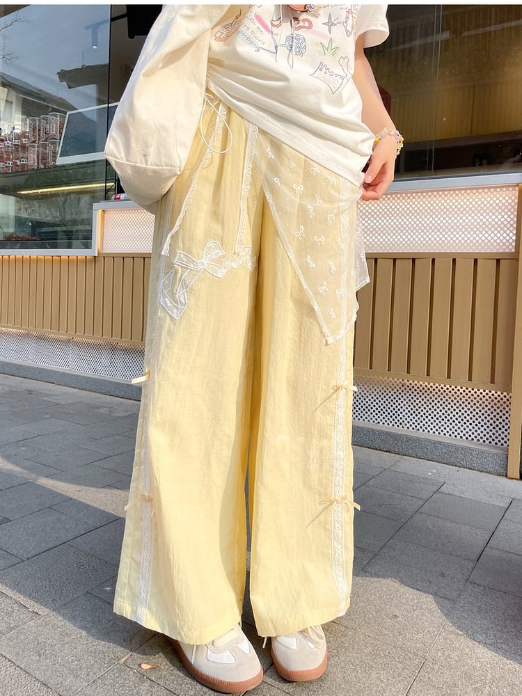 Bowknot Embroidery Wide-Leg Pants Yellow Regular/Short Version Waist High