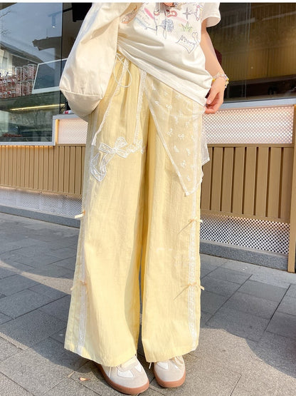 Bowknot Embroidery Wide-Leg Pants Yellow Regular/Short Version Waist High
