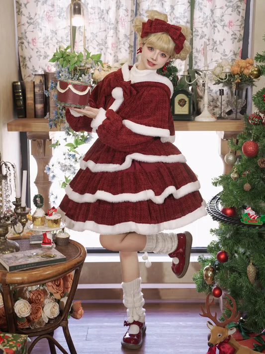 Tweed + Bust XL Waist Lolita Cape Skirt for Jumper 98CM Clearance-Size Christmas Red High