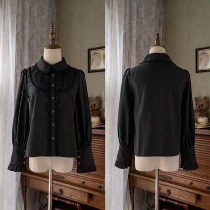 Black Rounded Flat Collar Long Sleeves Shirt