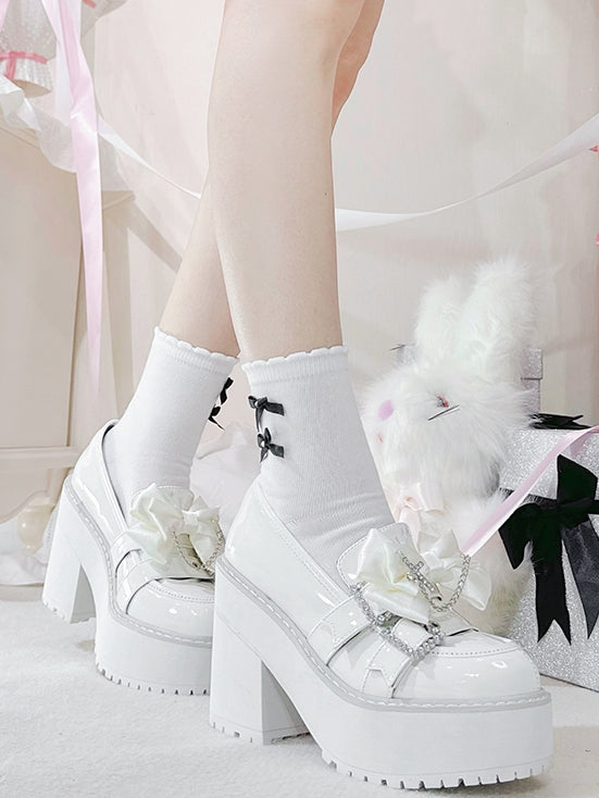 Cross Rhinestoned Kei White Chain Buckles Loafers Decorated Platform Bow Polished Jirai