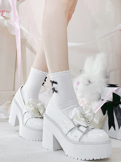 Cross Rhinestoned Kei White Chain Buckles Loafers Decorated Platform Bow Polished Jirai