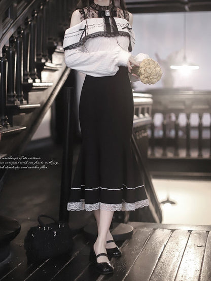 Aesthetic Shoulder Neckline Illusion Jirai with Contrast Pure Kei White Black - Innoncent Open and Sweater