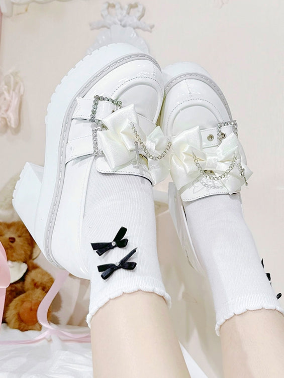 Cross Rhinestoned Kei White Chain Buckles Loafers Decorated Platform Bow Polished Jirai
