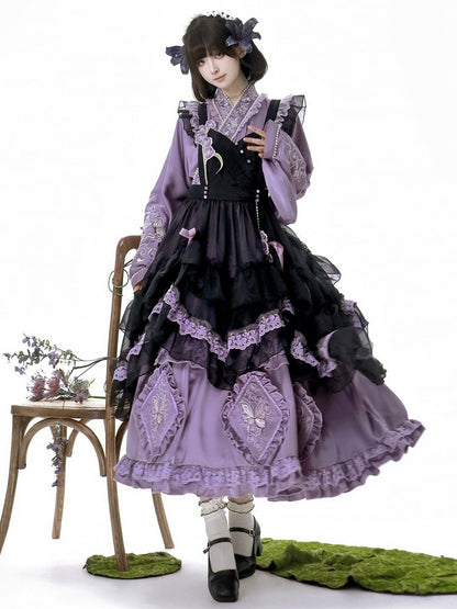 Delicate Butterfly Apron Lolita Dress Black Set Purple Han and Embroidery Full Floral +