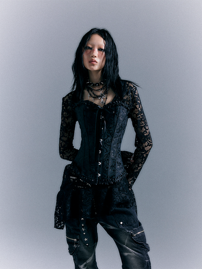 Floral Embroidered Corset with Lace Trim Punk Black