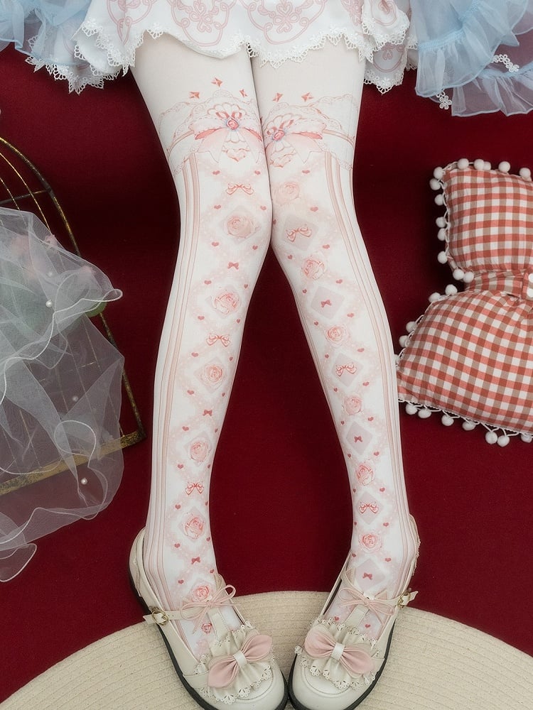 Print Tights Floral And Red/Pink/Blue/Black/Yellow Bowknot