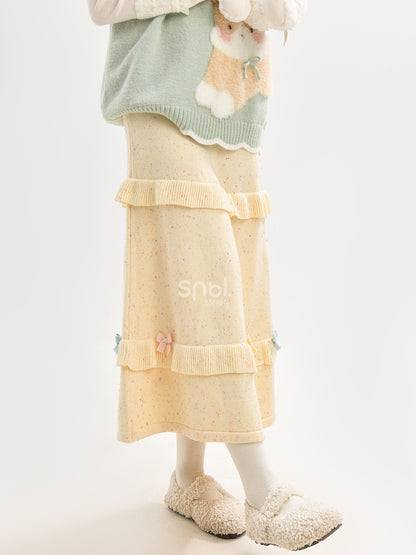 Yellow Bow Accents High Waist Knit Midi Length Skirt
