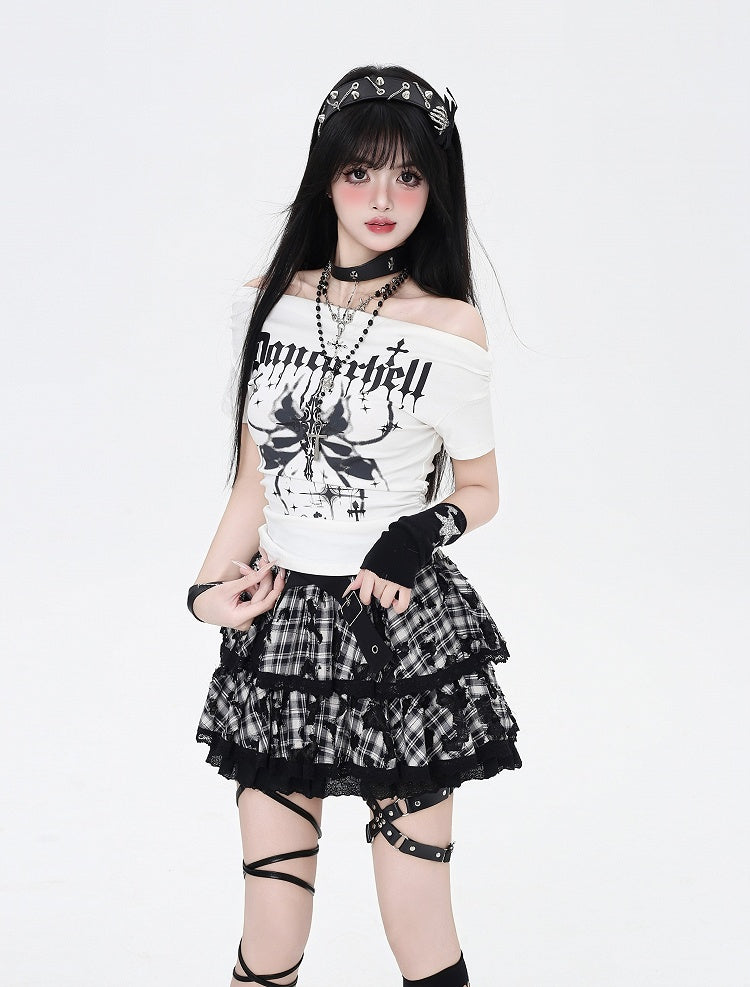 White/Gray Off-the-Shoulder Butterfly Print Glamorous T-Shirt