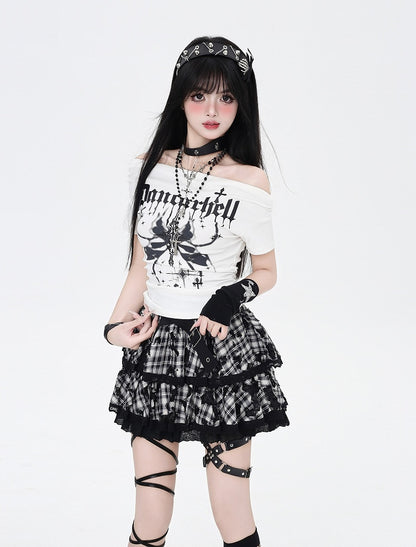 White/Gray Off-the-Shoulder Butterfly Print Glamorous T-Shirt