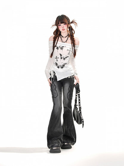 Waist Neckline Butterfly Print Glamorous Top Drawstring White Off-the-shoulder