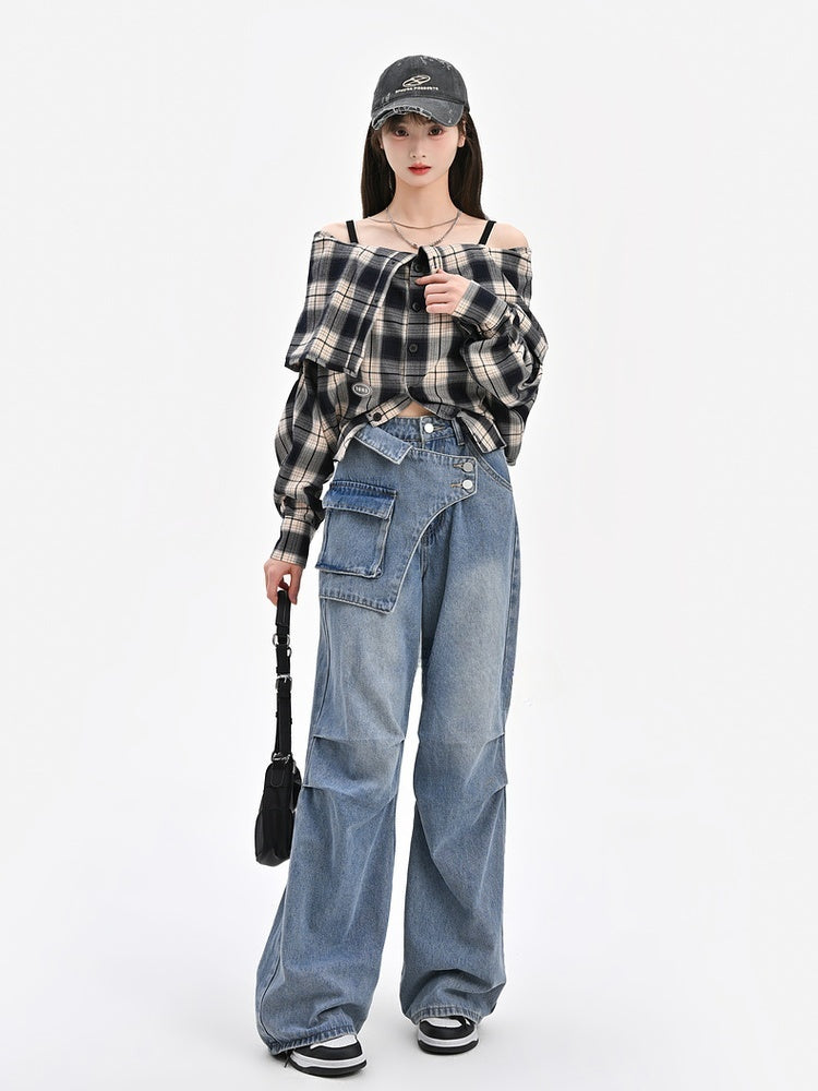 Wide-Leg Jeans Waistline Design Blue Asymmetrical