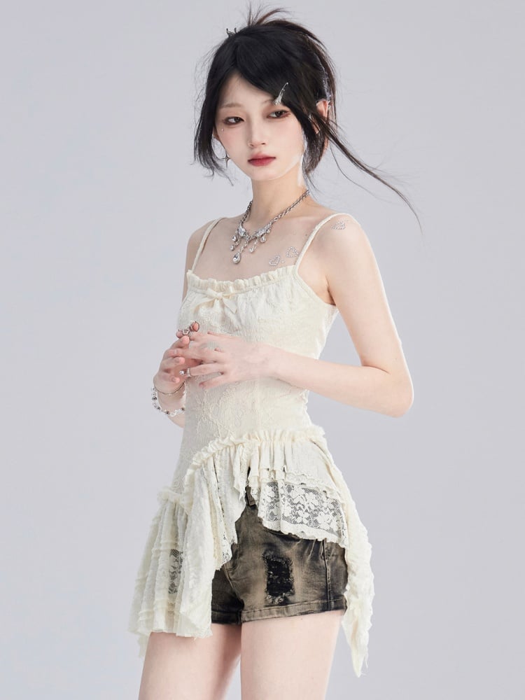 Cami Top Apricot Asymmetrical Lace Trim Chiffon
