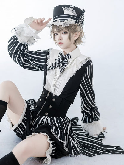 Black and White Ouji Lolita Circus Magician Vibes Striped Long Sleeves Shirt