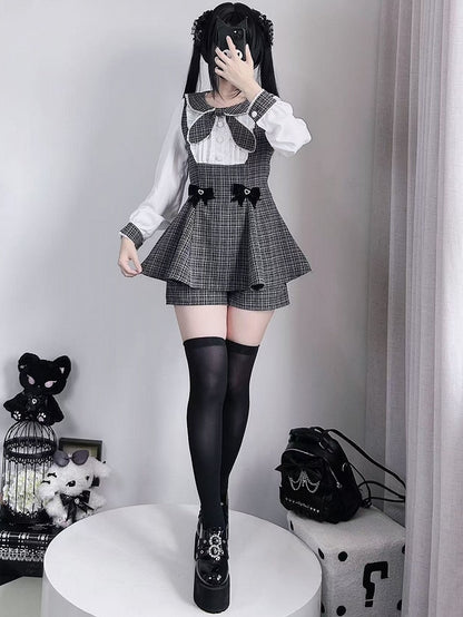 Bowknot Kei Plaid Details Jirai Black Outfit-Pleating Long + Top Shorts Sleeves Design