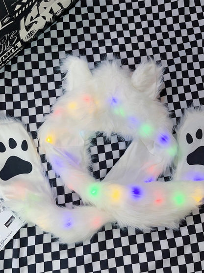 White Shaggy Scarf Gloves and Hat All-in-one with with LED Lights