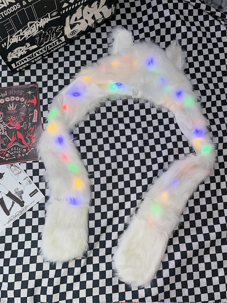 White Shaggy Scarf Gloves and Hat All-in-one with with LED Lights