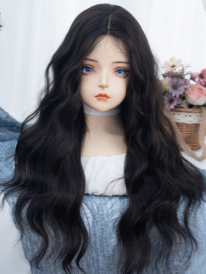 Black Tea Long Wavy Synthetic Wig With Bangs