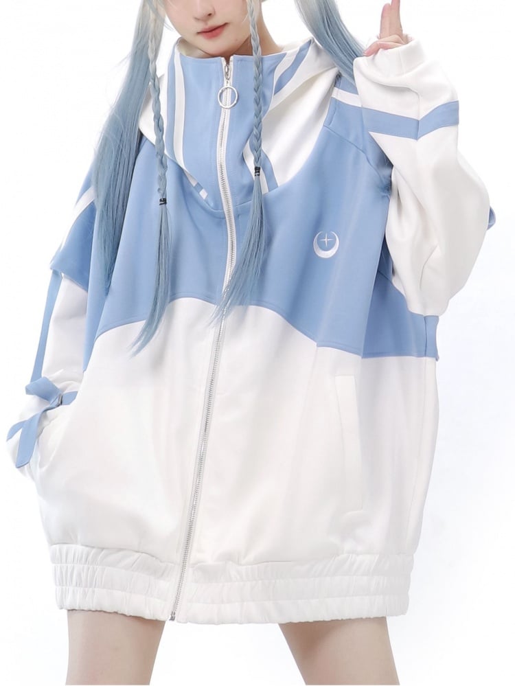 Light Blue and White Zip Up Front Jacket Long Sleeves Tenshi Kaiwai Sweatershirt