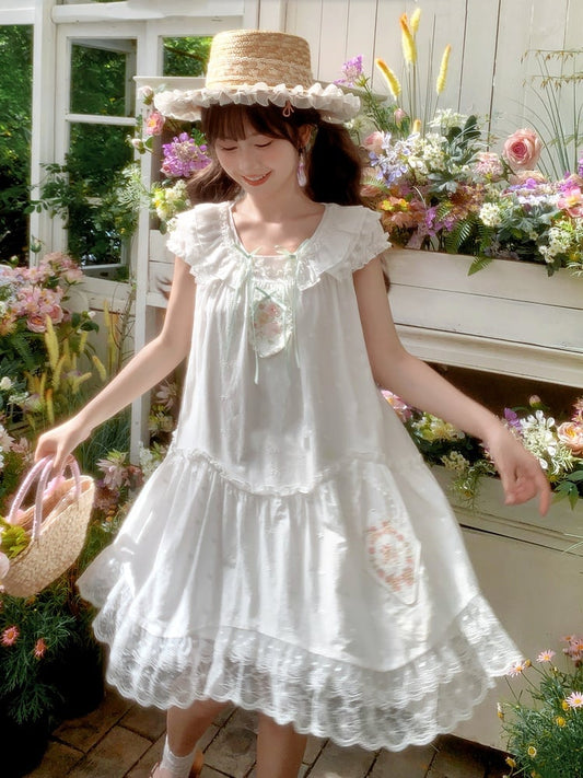 Mori Kei Dress White Floral Embroidery Lace Trim