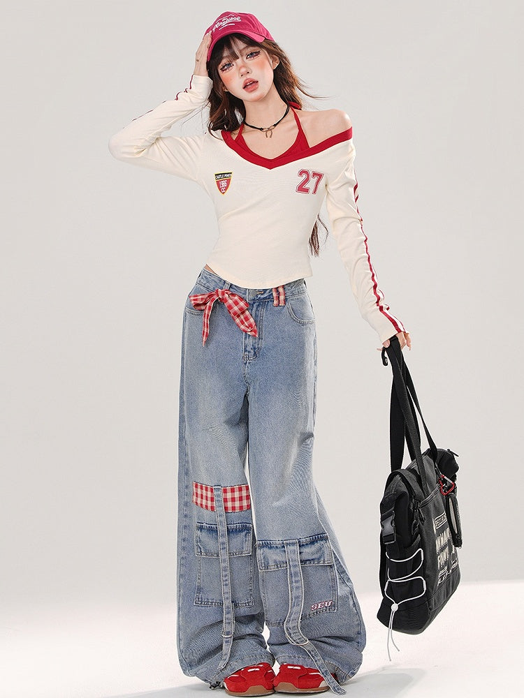 Light Blue Detachable Plaid Bow Cargo Pockets Wide-leg Cut Jeans