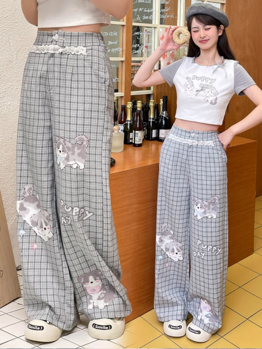 Regular/Short Lace Grey Plaid Puppy Print Heart Button Version Wide-Leg Pants Trim