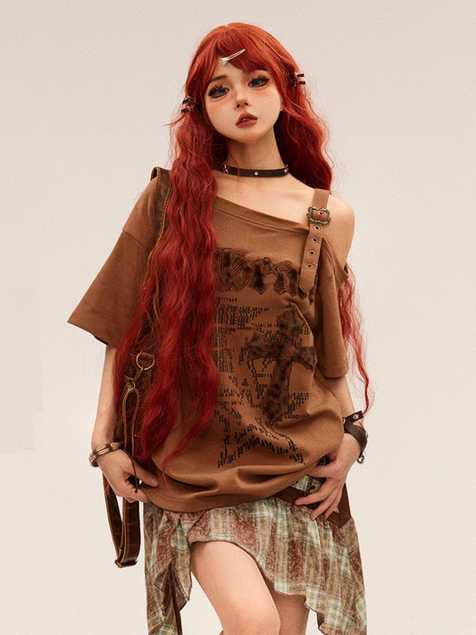 Fashion Gyaru Asymmetrical T-shirt Neckline Leopard Cross Applique Brown