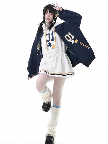 Dress with Yellow Drawstring Hem Hood，Blue Waist Striped Hoodie and Blokette Sleeveless White