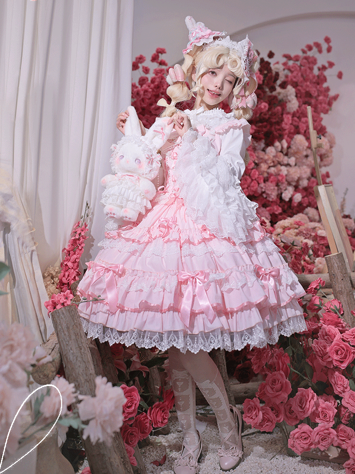 Skirt Sleeves Jumper Old School Lolita Cotton Flutter Pink Dress Lace-up Waist Lace Trim