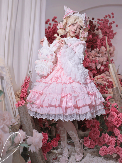 Skirt Sleeves Jumper Old School Lolita Cotton Flutter Pink Dress Lace-up Waist Lace Trim