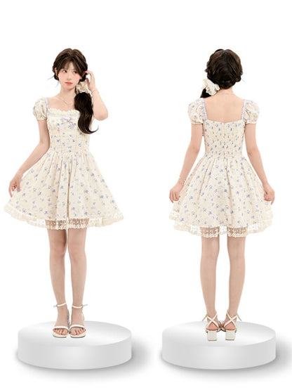 Kei Floral Dress Mori Beige Square Neckline and Short Puff Sleeves