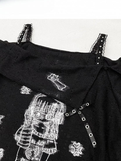 Mädchen Nieten T-Shirt Off-the-Shoulder Schwarz Details Print Cartoon Ausschnitt